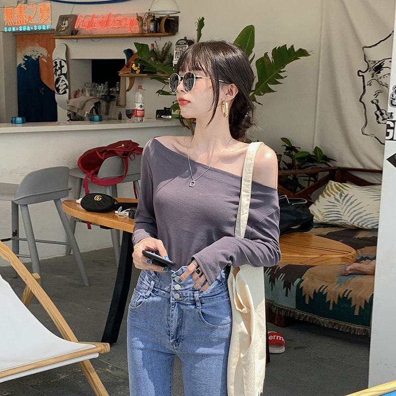 Áo thun COZOK tay dài trễ vai dáng rộng thời trang quyến rũ cho nữ