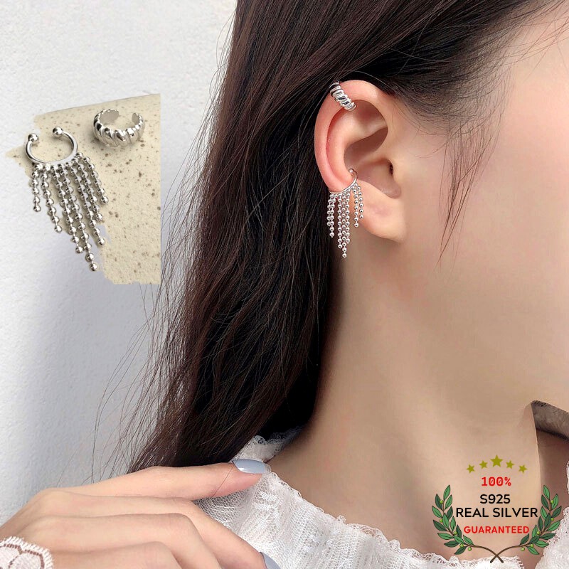 Bông Tai Bạc S925 Bộ 2 Ear Cuff Kẹp Vành Tua Rua & Khoen C Bất Đối Xứng Trẻ Trung Cá Tính | Khuyên Tai Nữ Trang Sức Bạc