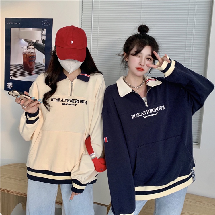 Áo sweater cổ polo thêu chữ thời trang xuân thu cho nữ