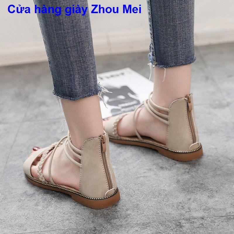 Sandals nữ đế bệt 2021 mới từ học sinh nổi tiếng mùa hè net với phong cách cổ tích Hàn Quốc Giày đi biển dây buộc _