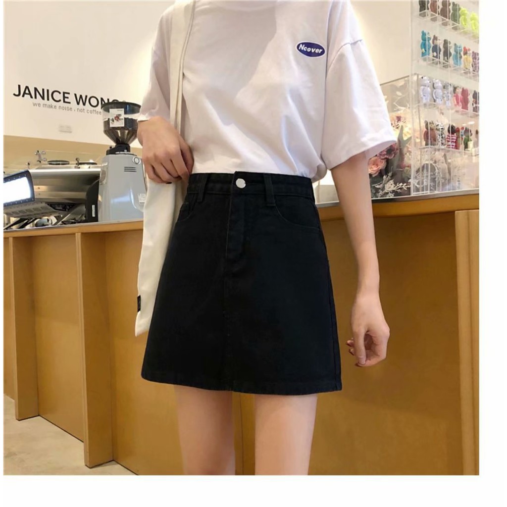 Chân váy chữ a ngắn dáng công sở trẻ trung , chân váy jean bò nữ màu đen và trắng phong cách Hàn Quốc cạp cao
