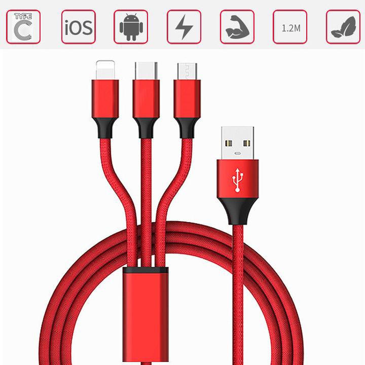 Cáp dù 3 đầu (type C, Lightning, Micro USB) hỗ trợ sạc nhanh, hình thật 100%, rất xịn