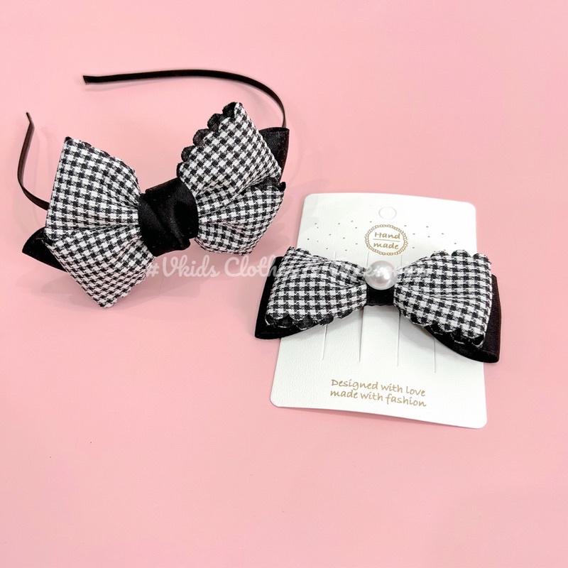 Set bờm + nơ lụa Hàn hoạ tiết houndstooth sang chảnh cho bé gái