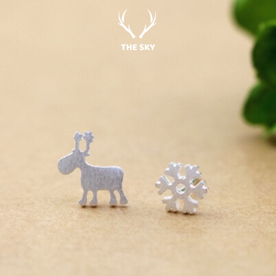 Khuyên Tai Bạc, Bông Tai Nữ Bất Cân Xứng Hình Hoa Tuyết Và Chú Tuần Lộc Dễ Thương S92590