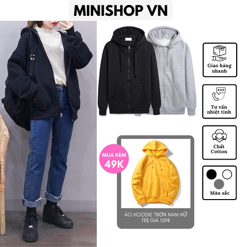 Áo khoác nỉ áo hoodie trơn khóa zip nam nữ chất nỉ bông mềm mịn dáng rộng thoải mái