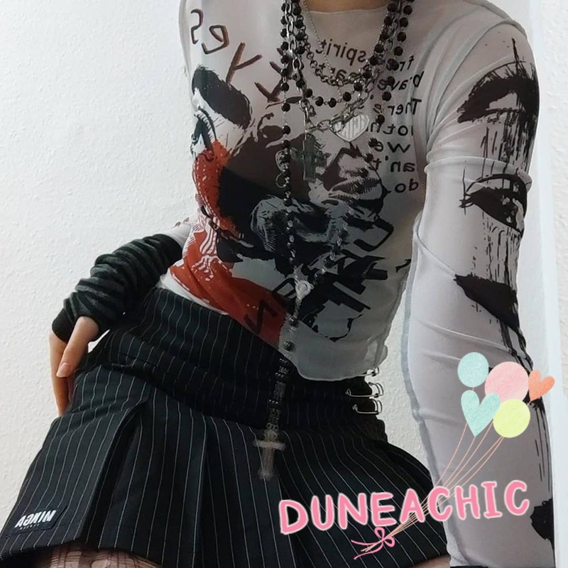 DUNEA Áo thun tay dài phối lưới in họa tiết cá tính thời trang cho nữ