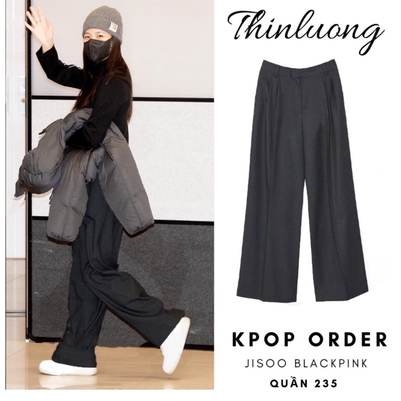(Sẵn- ảnh thật) Quần tây xám Jisoo Blackpink xếp 2 ly ống suông rộng 004