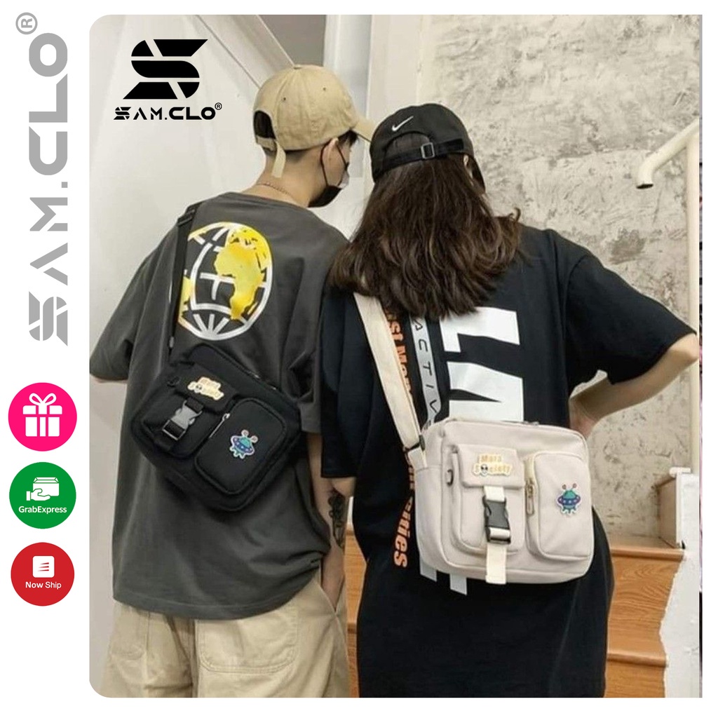 Túi xách đeo chéo nữ kiểu dáng mini bag Hàn Quốc thời trang canvas khóa kéo hai ngăn ngang chữ DANGER NO TOUCHING