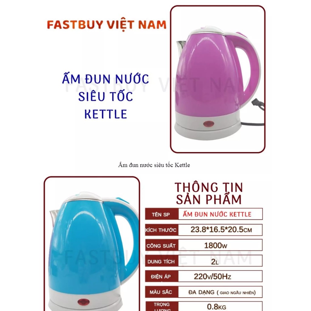 Ấm Đun Nước Siêu Tốc Kettle 2L Cao Cấp, An Toàn 2 Lớp Cách Nhiệt