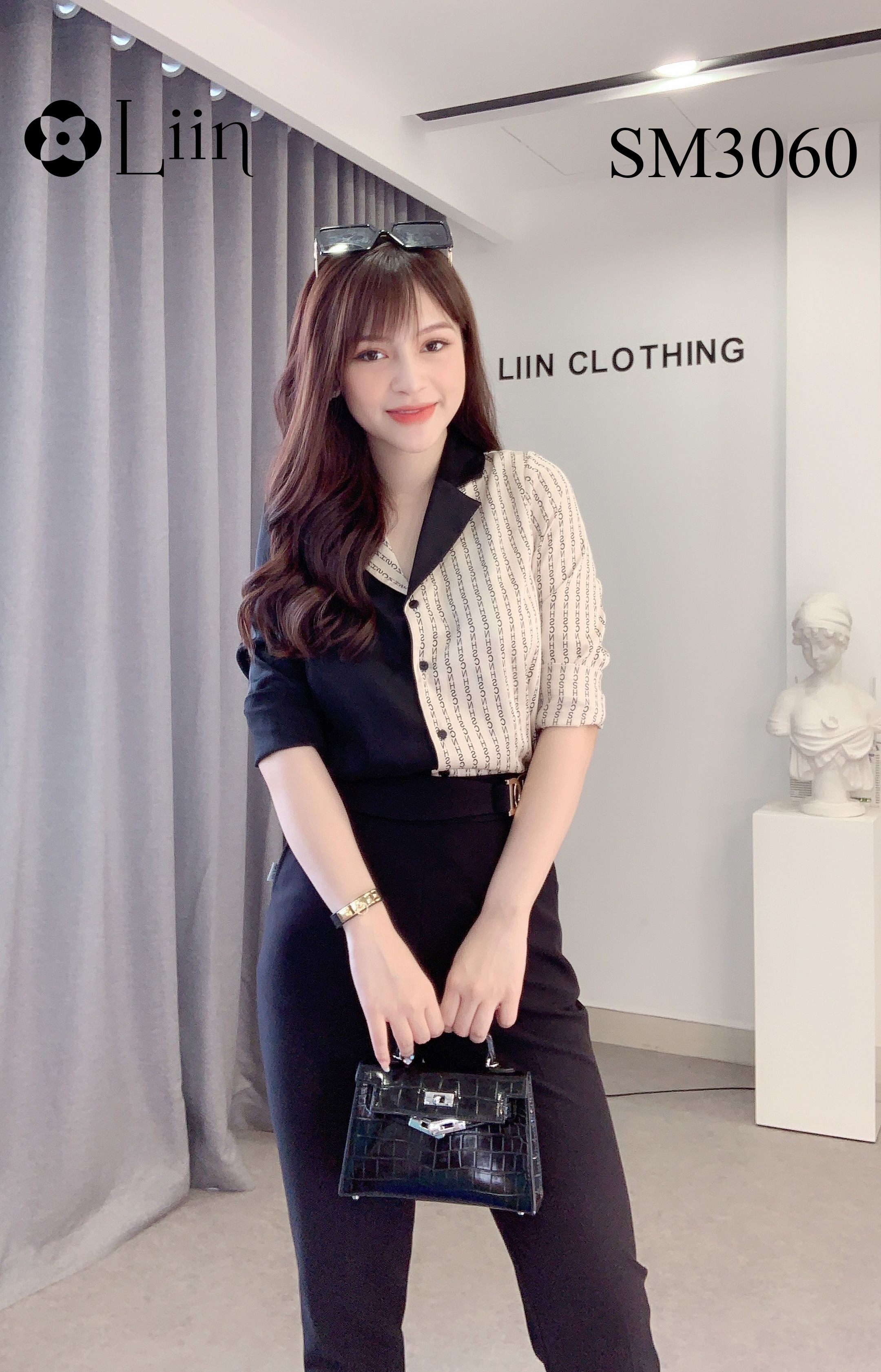 Áo sơ mi nữ màu Đen cao cấp phối Chữ kết hợp Cổ Vest sành điệu Liin Clothing SM3060