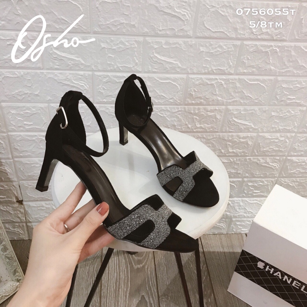 Sandal Cao Gót Nữ OSHO Chất Da Lộn Mix Quai Nhũ, Gót Vuông Mũi Tròn, Phần Lót Êm Chân Thấm Hút 141