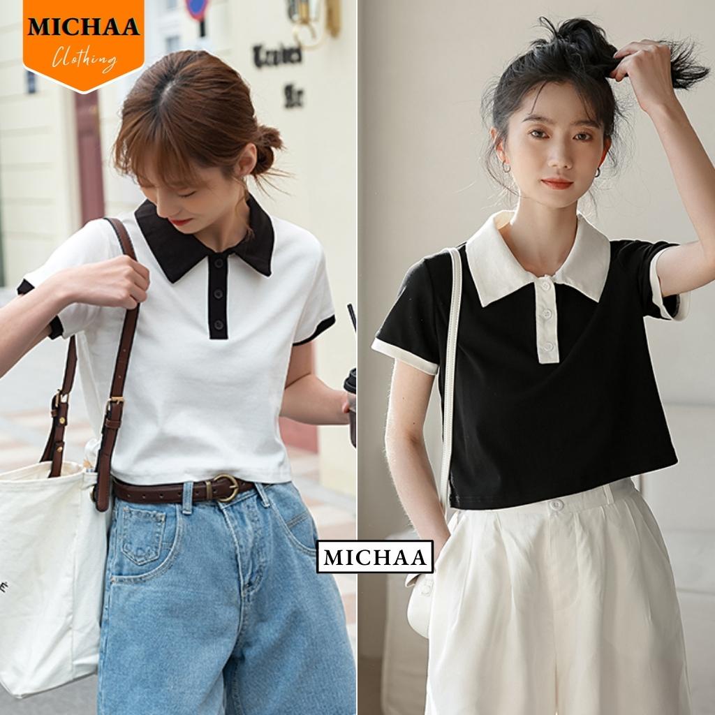 Áo Croptop CỔ POLO PHỐI Màu Đen Trắng Nữ, Áo Cổ Bẻ Tay Ngắn Đẹp - MICHAA