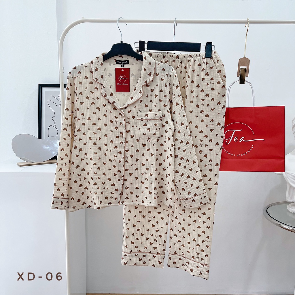 Bộ Mặc Nhà Pyjama Chất Xô Muslin Tea Store Áo Dài Quần Dài Họa Tiết Dễ Thương | BigBuy360 - bigbuy360.vn