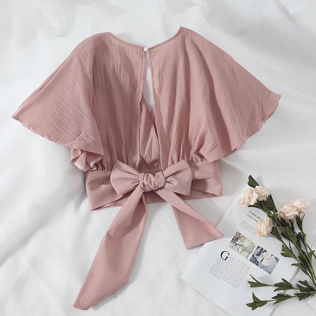 (order) Áo croptop cổ V buộc nơ sau xẻ lưng tay ngắn Hàng Chuẩn