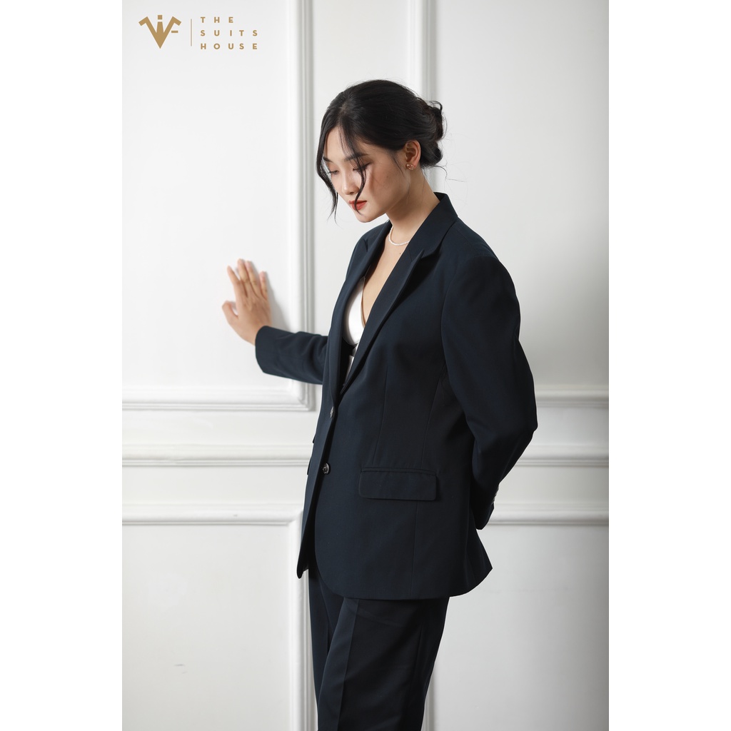 Bộ vest nữ xanh đen đậm 2 khuy ống rộng, suits sartorial chất cashmere The Suits House