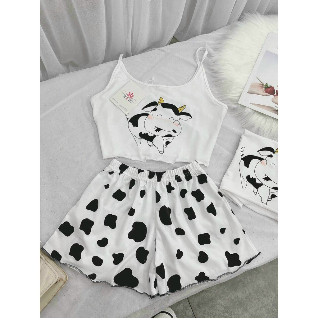 Set áo 2 dây phối quần short đùi bò sữa mặc nhà dễ thương
