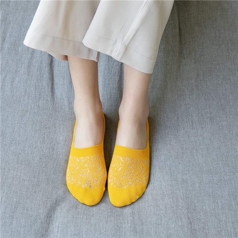 Vớ Cotton Cổ Thuyền Bằng Cotton Silicon Phối Lưới Màu Trơn Chống Trượt Thời Trang Cho Nữ