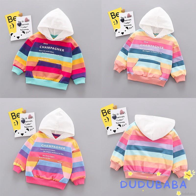 Áo sweatshirt có nón kiểu chui đầu tay dài họa tiết kẻ sọc màu cầu vồng cho bé 0-4 tuổi