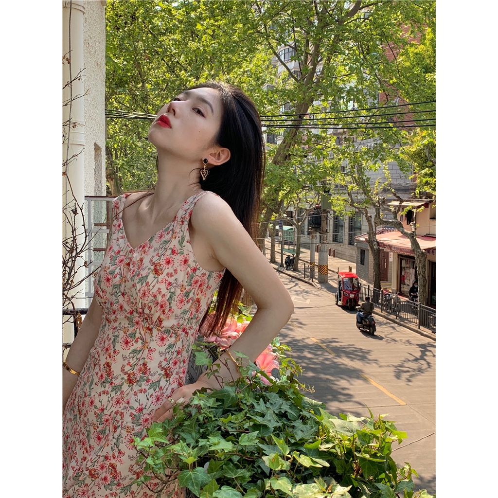 Đầm hai dây cổ tim chất liệu voan in họa tiết hoa xinh xắn tinh tế cho nữ | BigBuy360 - bigbuy360.vn