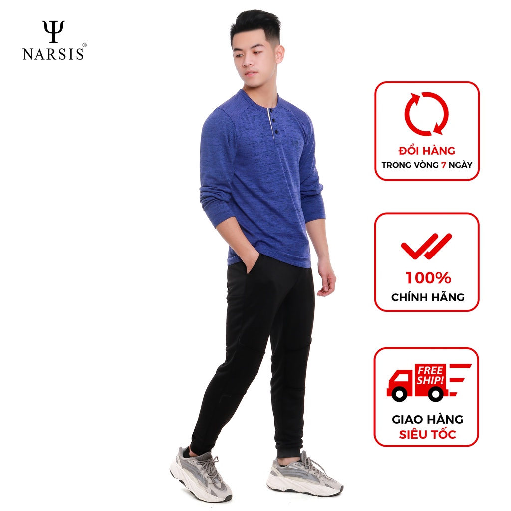 Aó nam dài tay Narsis D7072 cotton len xanh tím phẩy