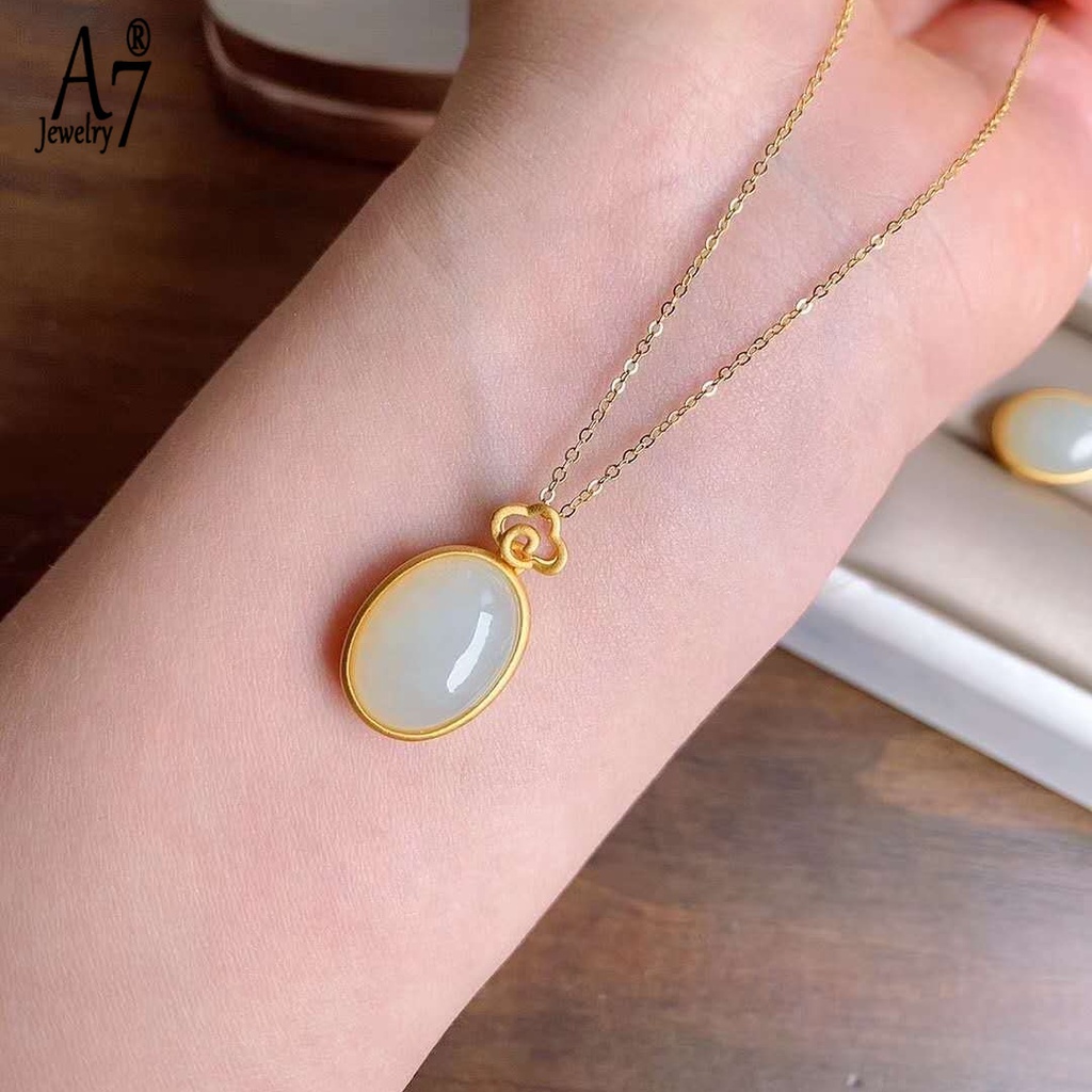 Vòng cổ Bạc 925 Mặt Đá Ngọc Bích Trắng Hình Oval Kiểu Dáng Thanh Lịch Dành Cho Nữ