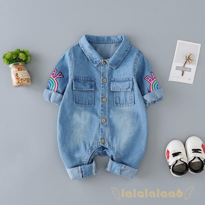 Romper liền mảnh denim in hình hươu cao cổ cho bé