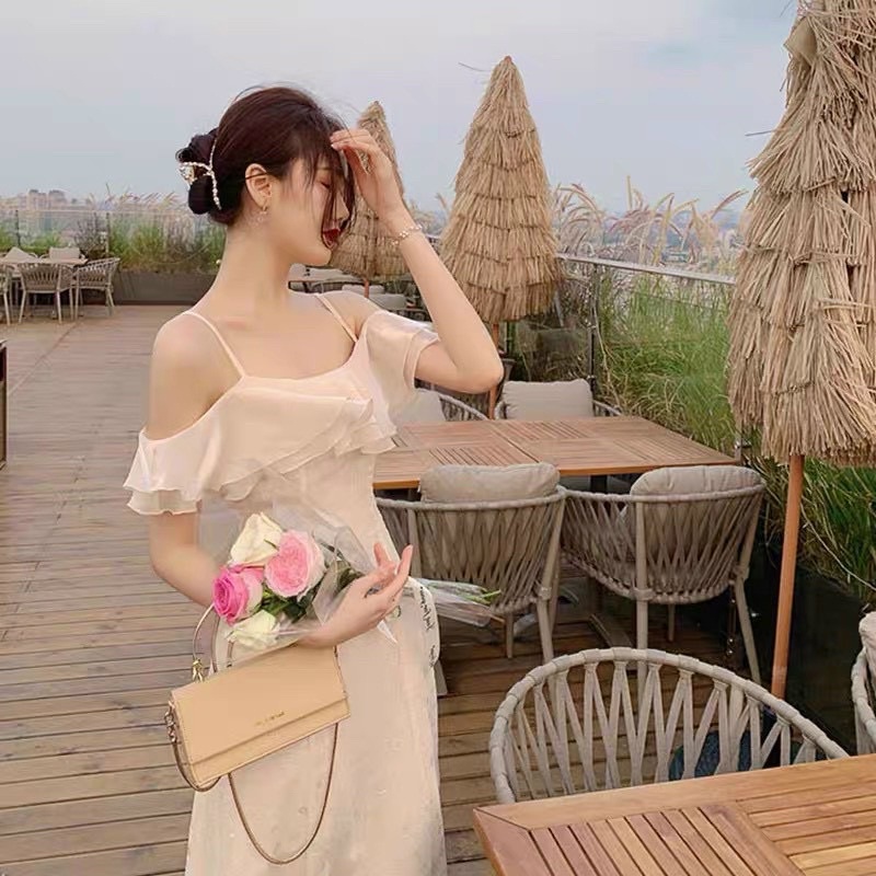 Đầm kem 2 dây bèo 13592