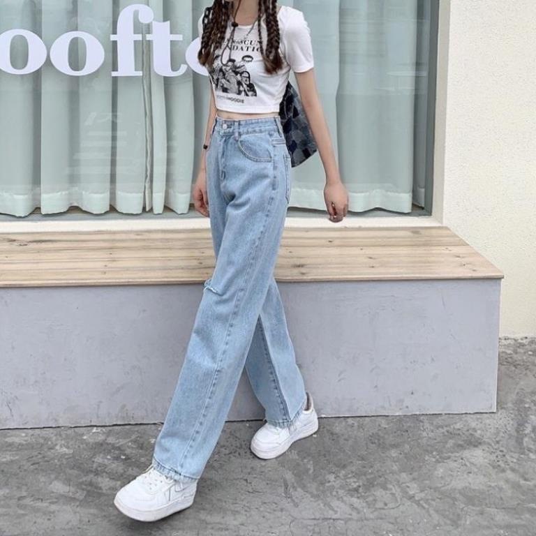 Quần jeans nữ ống suông rộng rách 2 gối tạo sư cá tính năng động hottrend