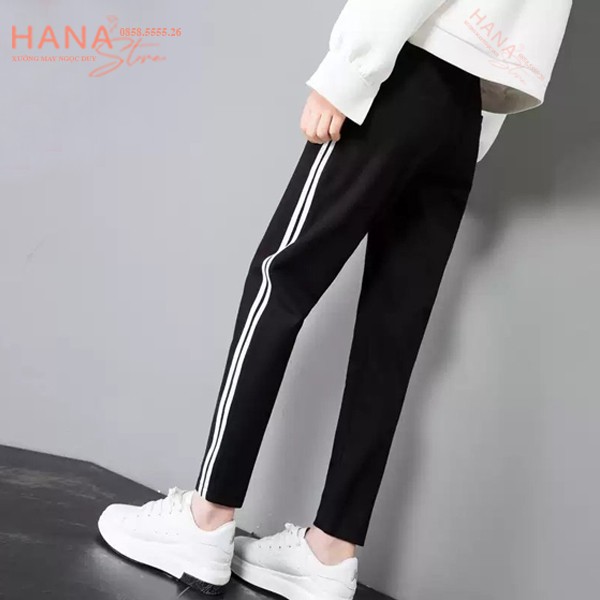 Quần Jogger thể thao nữ viền kẻ 2 sọc trắng có túi dây rút màu Đen - Quần jogger nỉ dài vải Umi co giãn tập gym thể dục