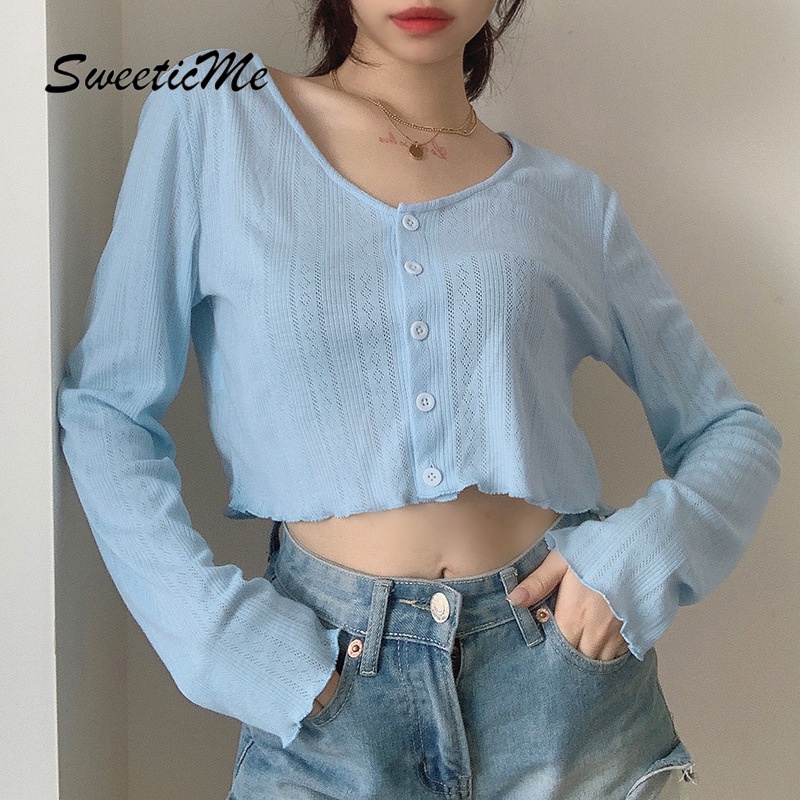 Áo thun Sweeticme cổ chữ V tay dài cho nữ