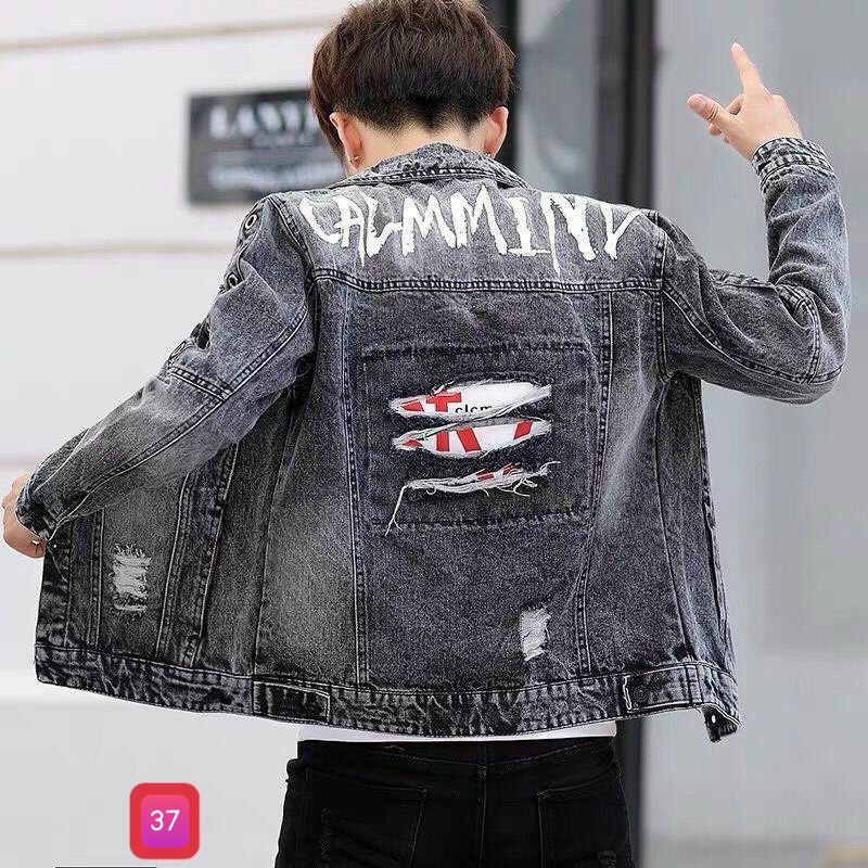 Áo Khoác Jean Cao Cấp  Rin Chất Bò Màu Đen Thêu Hình Họa Tiết M126