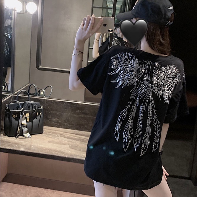 Jiashucheng Áo Thun Tay Ngắn Màu Đen In Hình Đôi Cánh Đính Đá Phong Cách Đường Phố Châu Âu Thời Trang Xuân Hè Cho Nữ