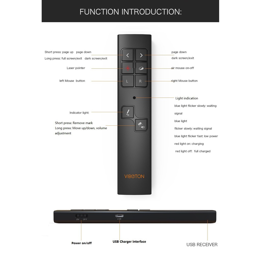 BÚT TRÌNH CHIẾU LAZER KIÊM CHUỘT KHÔNG DÂY KÈM NÚT TĂNG GIẢM ÂM LƯỢNG VIBOTON PP930