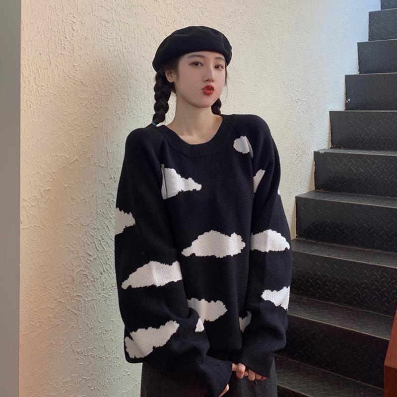 Áo sweater dệt kim tay dài dáng rộng phong cách Hàn Quốc dễ thương cho nữ