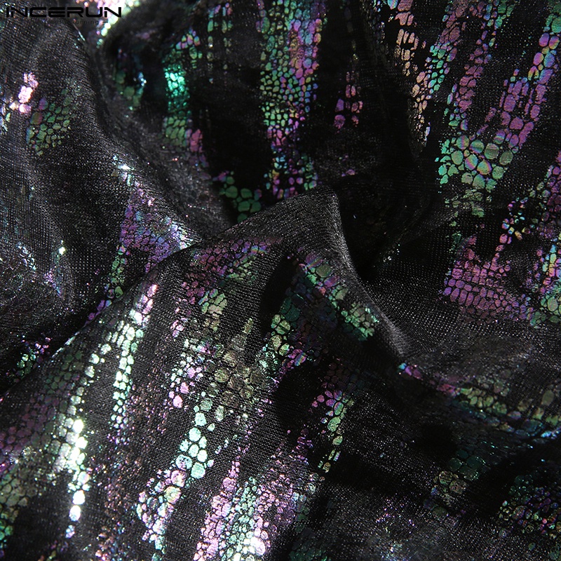 Incerun Áo Thun Lưới Cổ Thuyền Tay Ngắn Khoét Sọc Dọc Sáng Bóng Cho Nam