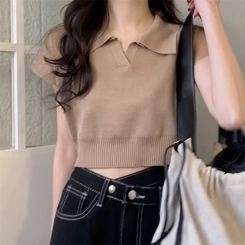 Áo Dệt Kim Croptop, Polo Nữ Cổ Đức Cộc Tay Hàng Quảng Châu Loại 1 Ailee