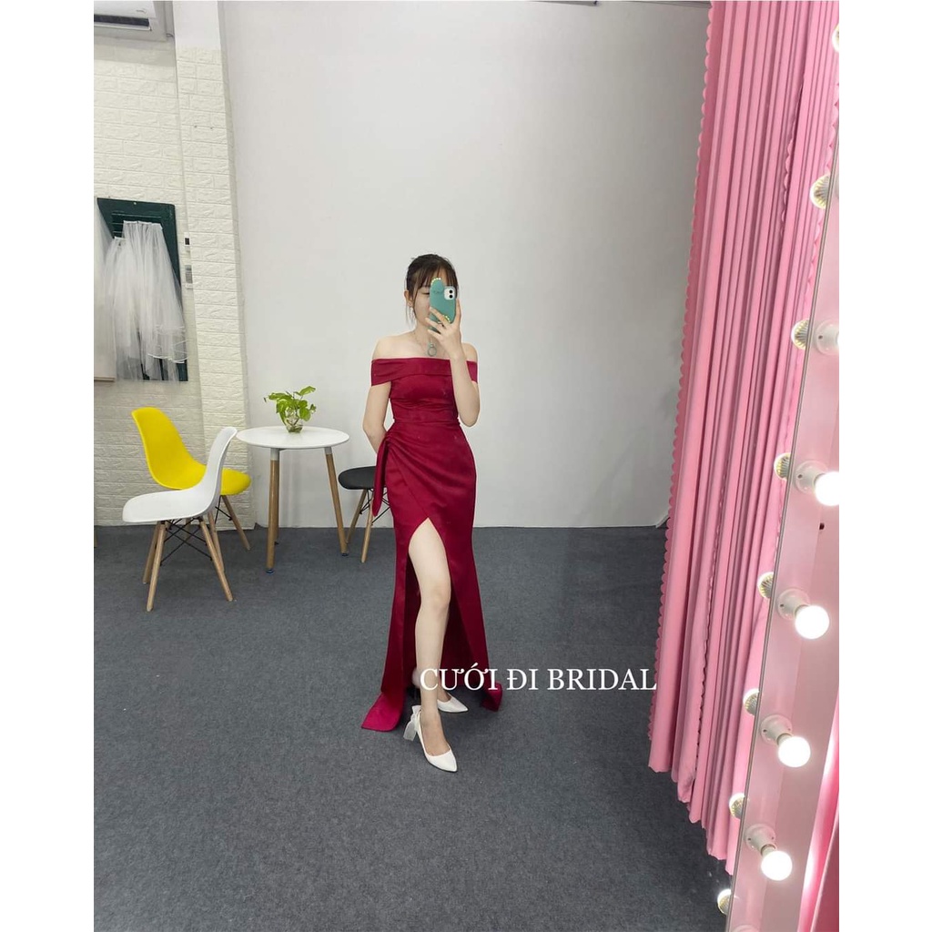 Váy cưới , Đầm cưới, Đầm thiết kế, Váy cưới đi bàn bẹt vai xẻ tà CD83 - Váy cưới sang trọng - Cưới đ