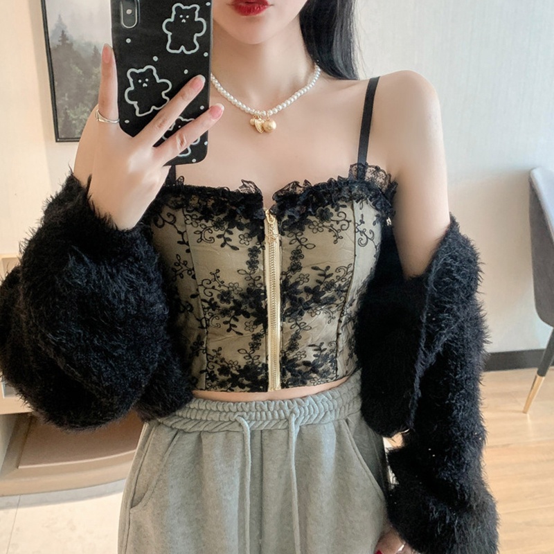 Áo Croptop Dáng Ôm Phối Ren Có Khóa Kéo Phía Trước Thời Trang Cho Nữ