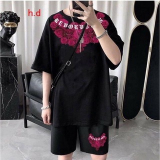 Set Bộ Quần Áo Hoa hồng Vòng Cổ Hàn Quốc,áo thun quần Short Unisex nam nữ-LN