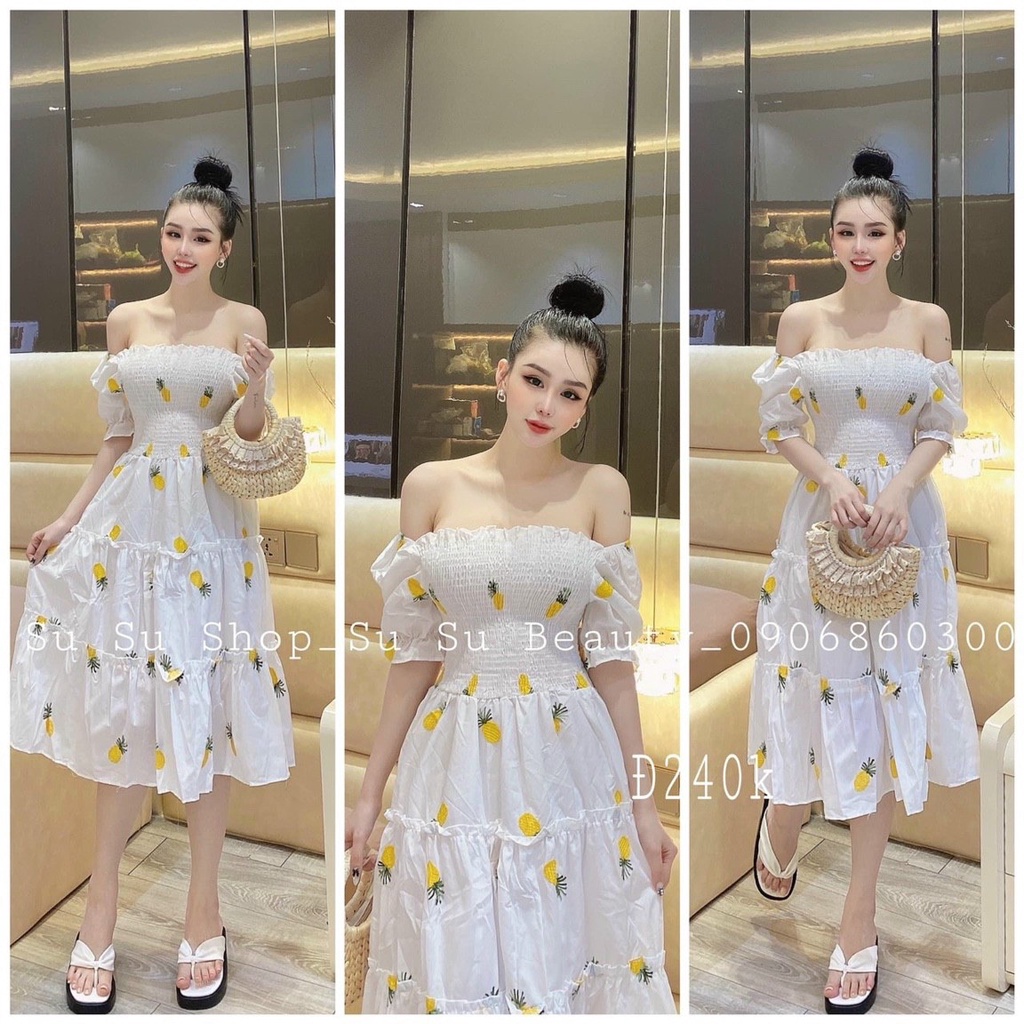 Đầm váy nữ trễ vai nhún ngực xếp tầng đơn giản, nhẹ nhàng dành cho các nàng đi chơi, đi biển