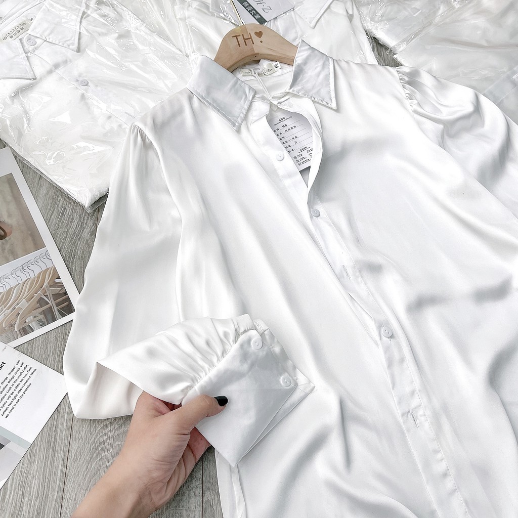 [Mã FAMAYWA giảm 10K đơn 50K] Áo Sơ Mi Lụa Bóng Trơn Tay Bồng Cổ Đức Cực Xinh | BigBuy360 - bigbuy360.vn