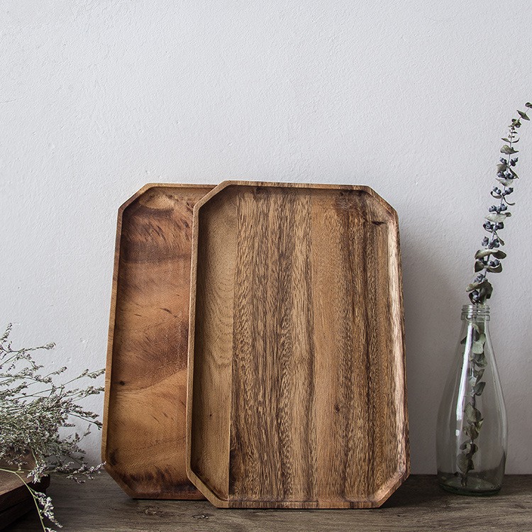 Khay Gỗ cây keo hình Bát giác (Màu Nâu Đậm)