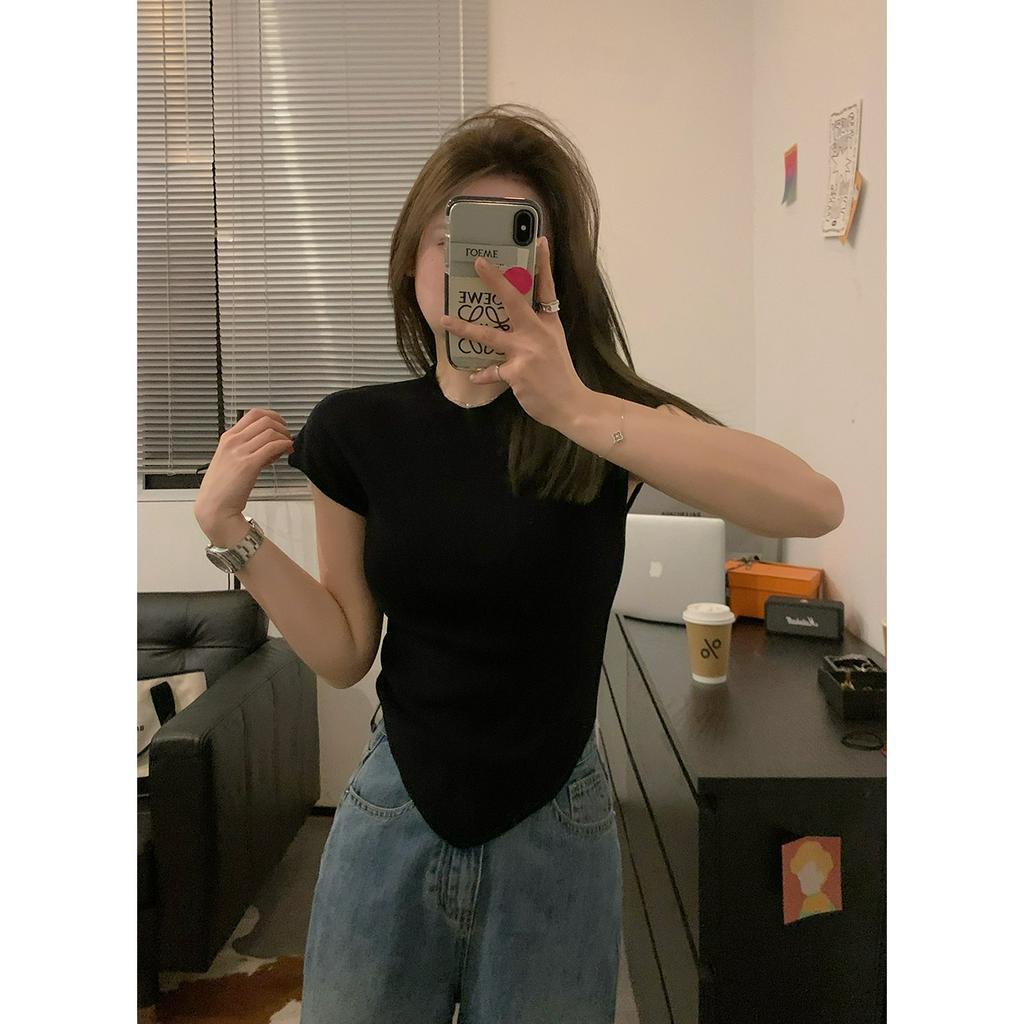 ZHELIHANGFEI Classy Ouni Slimmer Áo Dệt Kim Ngắn Tay Cổ Đứng Cỡ Nhỏ Phong Cách Chị Em Hàn Quốc Arc Edge A4