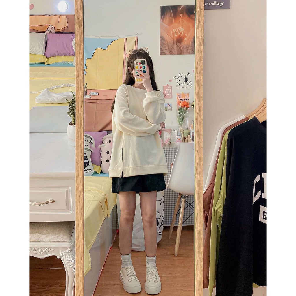 Áo Hoodie nữ form rộng nỉ tăm xẻ vạt trơn nhiều màu Be/ Đen/ Xanh/ Hồng - Hàng Quảng Châu - Vitalita.cloth | BigBuy360 - bigbuy360.vn