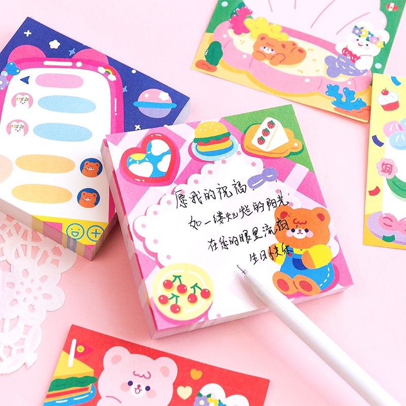 Giấy note cute  Bộ giấy note 100 tờ ghi chú hình gấu dễ thương tiện lợi trang trí hãng Jiyu