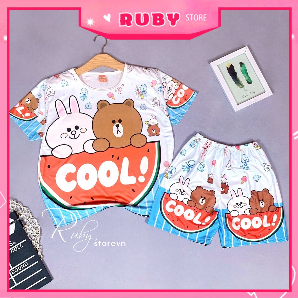 Đồ bộ thun in 3D mẹ và bé size đến 70kg chất thun mềm mát in hình gấu hoạt hình chibi dễ thương DBRBL FULL SIZE