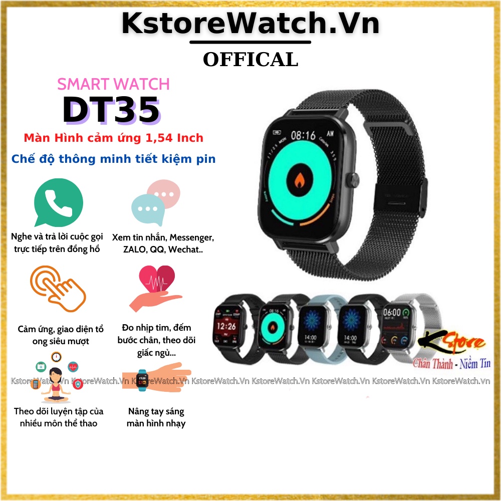 Đồng hồ thông minh DT35 Smart Watch Gọi điện 2 chiều, Full Tiếng Việt, đo nhịp tim, thay được dây 20mm