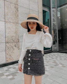 Chân váy chữ A tweed đen công sở thanh lịch