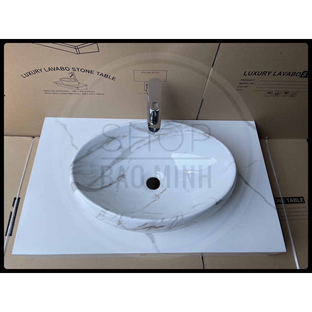 Chậu rửa mặt - Lavabo elip đặt bàn họa tiết vân đá trắng KT 50x31, 40x30cm
