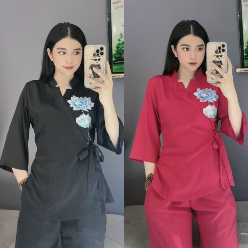 Sét Bộ Đồ Lam Đi Chùa - Đồ Lam Phật Tử thêu hoa sen cột dây eo Cao Cấp